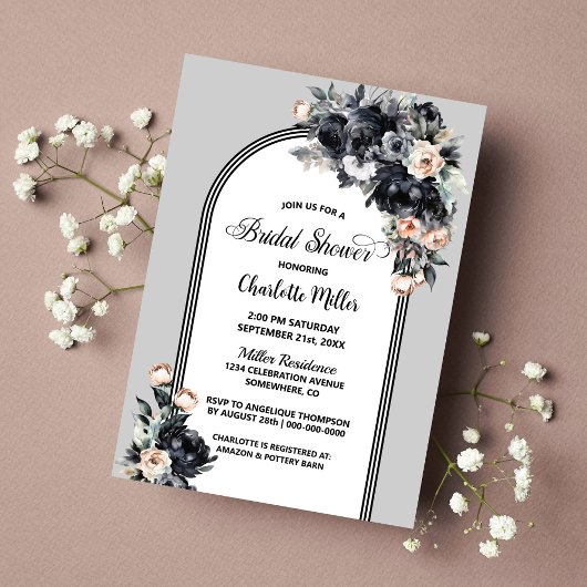 Smoky Black Floral Arch Brautparty Einladung