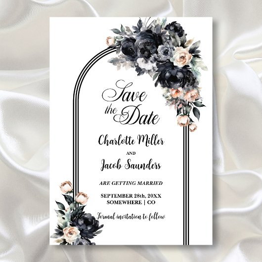 Smoky Black Floral Arch Wedding Save the Date