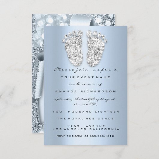 Smoky Blue Baby Shower Feet Boy Girl 3d Glitzer Einladung (Vorne/Hinten)