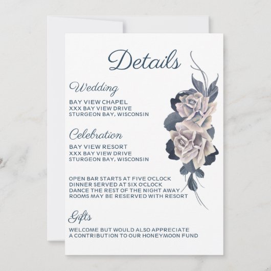 Smoky Blue & Blush Boho Rose Einladung Hochzeit (Rückseite)