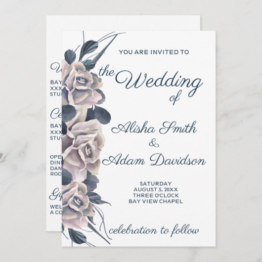 Smoky Blue & Blush Boho Rose Einladung Hochzeit (Vorne/Hinten)