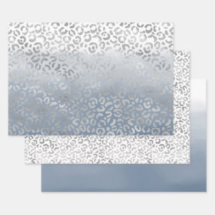 Smoky Blue White Ombre Silver Glam Leopard Print Geschenkpapier Set