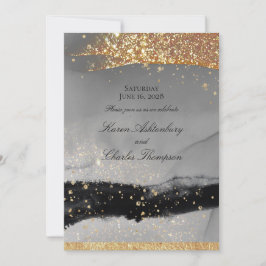 Smoky Gray & Black Sparkling Gold Moderne Hochzeit Einladung