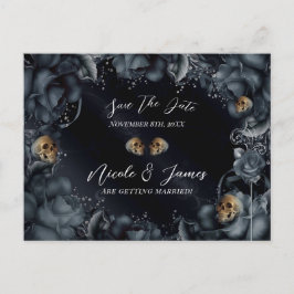 Smoky Gray Blue Rose Skulls Gothic Save the Date Ankündigungspostkarte