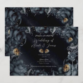 Smoky Gray Blue Rose Skulls Gothic Wedding Einladung (Vorne/Hinten)