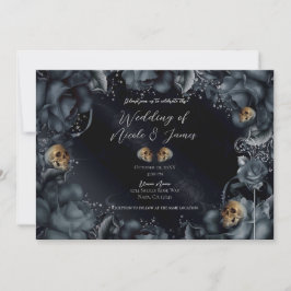 Smoky Gray Blue Rose Skulls Gothic Wedding Einladung