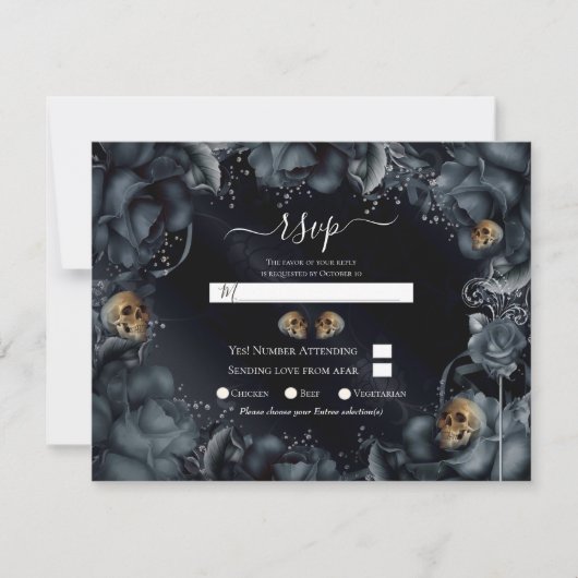 Smoky Gray Blue Rose & Skulls Wedding RSVP Einladung (Vorderseite)