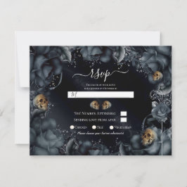 Smoky Gray Blue Rose & Skulls Wedding RSVP Einladung