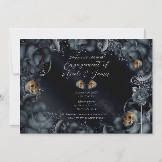Smoky Grey Blue Rose & Skulls Engagement Party Einladung (Vorderseite)