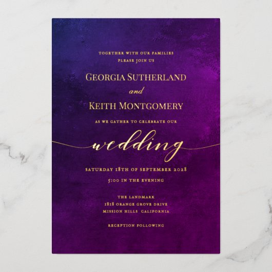 Smoky Lila & Gold Elegante Hochzeit Folieneinladung (Vorderseite)