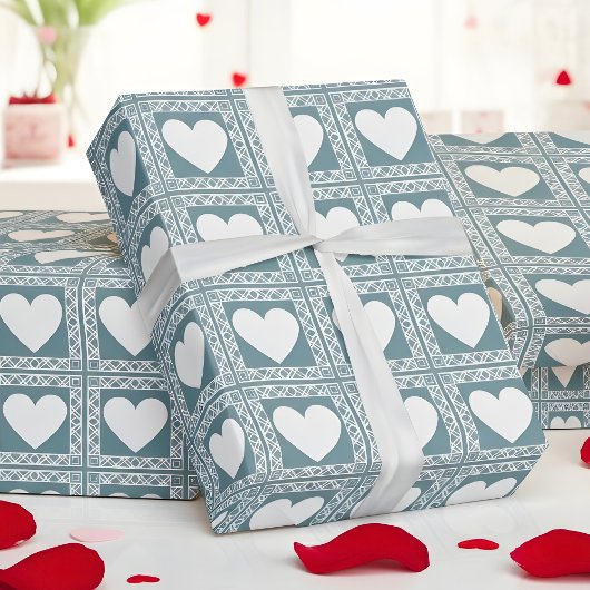 Smoky Teal Geometric Hearts Valentine Gift Geschenkpapier
