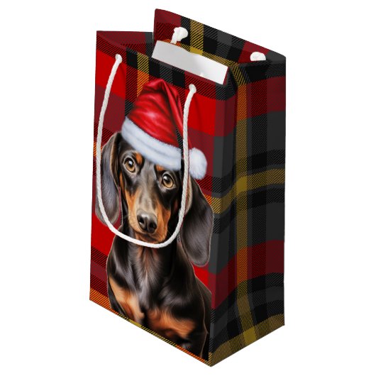 Smooth Coat Dachshund Red Christmas Plaid Kleine Geschenktüte (Rückseite Schrägansicht)