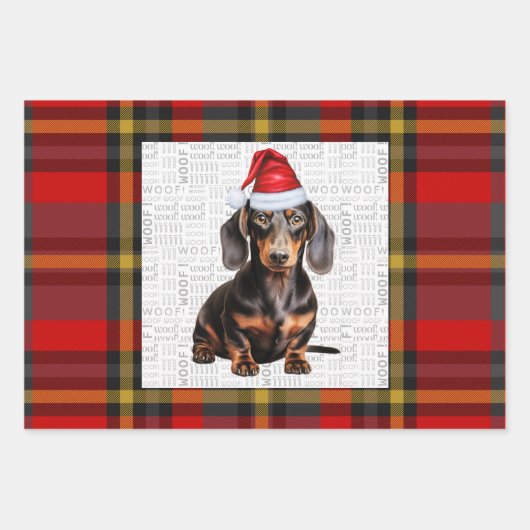 Smooth Dachshund Christmas Dog and Red Plaid Geschenkpapier Set (Vorderseite)