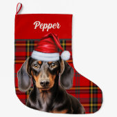 Smooth Dachshund Dog Holiday Plaid Personalized Großer Weihnachtsstrumpf (Vorderseite)