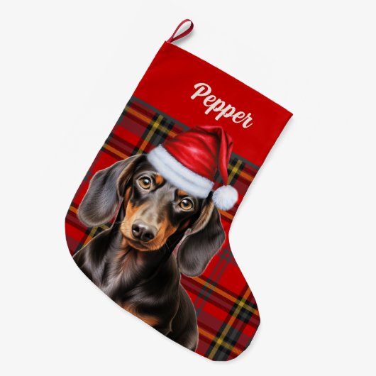 Smooth Dachshund Dog Holiday Plaid Personalized Großer Weihnachtsstrumpf (Vorderansicht (hängend))