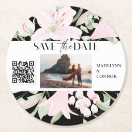 Smooth Script floral Foto QR Code Save the Date Runder Pappuntersetzer