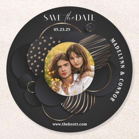 Smooth Script Vertikales Foto Save the Date Runder Pappuntersetzer (Vorderseite)