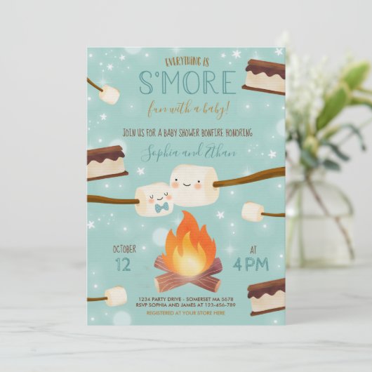 S'more Blue Boy Bonfire Babydusche Einladung (Stehend Vorderseite)