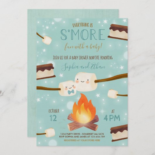S'more Blue Boy Bonfire Babydusche Einladung (Vorne/Hinten)