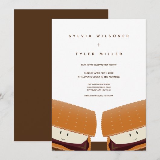 S'more Illustration Wedding White Brown Vertikal Einladung (Vorne/Hinten)