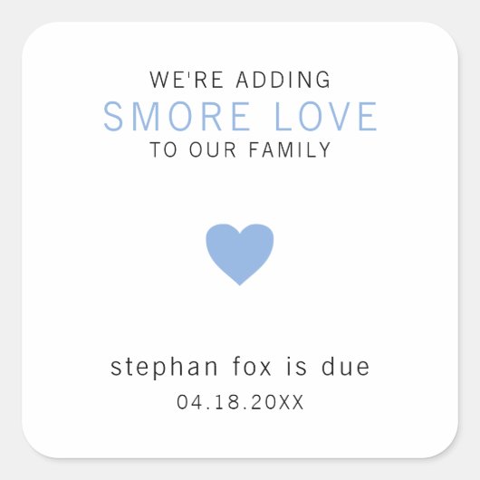 Smore Liebe Modernes Blue Heart Boy Baby Dusche Ge Quadratischer Aufkleber (Vorderseite)