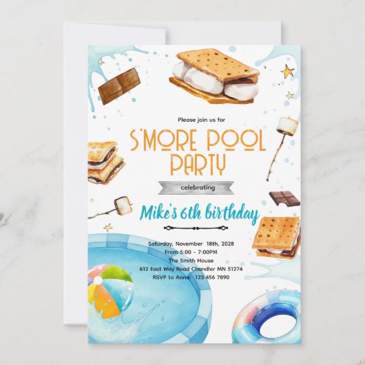 S'more pool birthday party invitation einladung (Vorderseite)