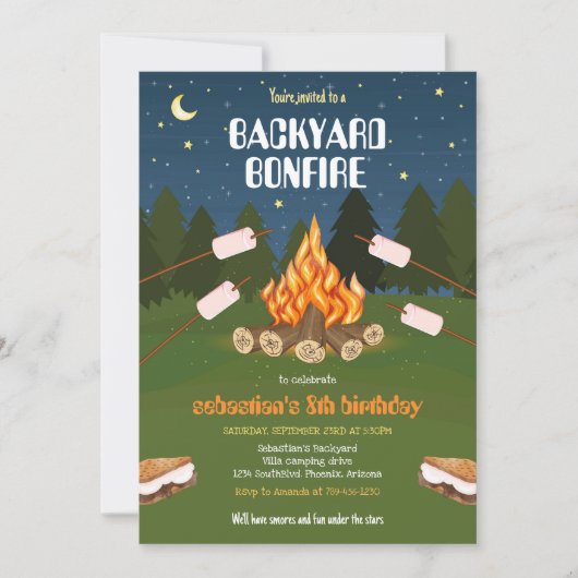 S'mores Backyard Camping Bonfire Birthday  Einladung (Vorderseite)