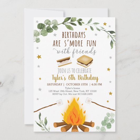 S'mores Birthday Camping Campfire Bonfire Rustikal Einladung (Vorderseite)