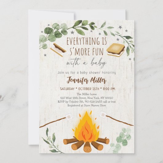 S'mores Campfire Bonfire Greenery Baby Dusche Einladung (Vorderseite)