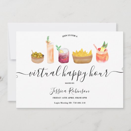 Snacks Cocktails Aquarell virtuelle glückliche Stu Einladung (Vorderseite)