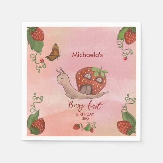 Snail & Strawberry 'Berry First' Party Napkins Serviette (Vorderseite)