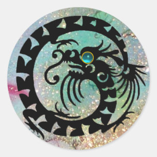 SNAKE DRAGON , schwarz, aquamarinblau Runder Aufkleber