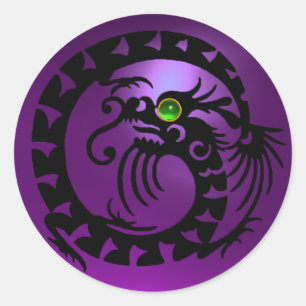 SNAKE DRAGON schwarz, lila Amethyste, grün smaragd Runder Aufkleber