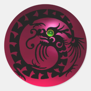 SNAKE DRAGON, schwarz, rosa rubinrot, smaragdgrün Runder Aufkleber