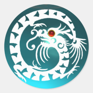 SNAKE DRAGON weiß, aquamarinblau, rote Ruby Runder Aufkleber