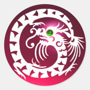 SNAKE DRAGON , weiß, rot-rosa rubinrot, Smaragdgrü Runder Aufkleber