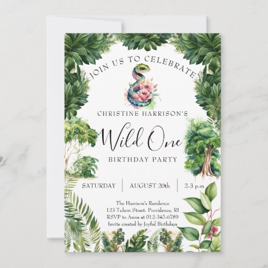 Snake Jungle Wild One Mädchen 1. Geburtstag Einladung (Vorderseite)