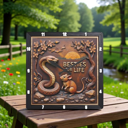 Snake Rat Sunset Friends Quadratische Wanduhr