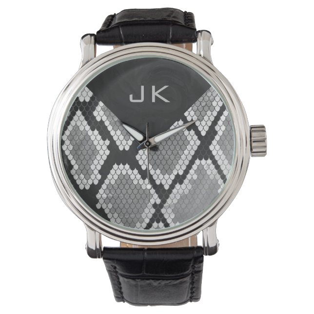 Snakeskin, grau, weiß und schwarz Mit Monogramm Armbanduhr (Vorderseite)