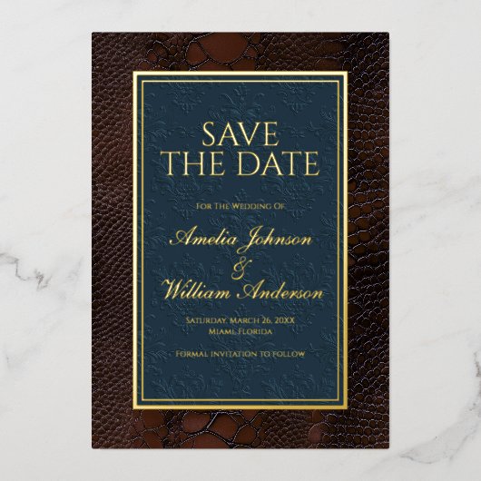 Snakeskin Leather Viktorianisch Brown Save the Dat Folieneinladung (Vorderseite)