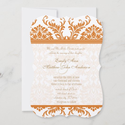 Snapdragon Coral & Ivory Damask Wedite Einladung (Vorderseite)