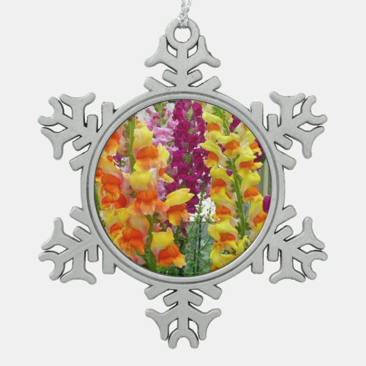 Snapdragons farbenfrohe Blüte Schneeflocken Zinn-Ornament (Vorderseite)