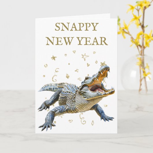 Snappy New Year Funny Crocodile  Karte (Gelbe Blume)