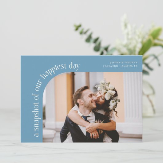 Snapshot Happiest Day Denim Blue Wedding Photo Dankeskarte (Stehend Vorderseite)