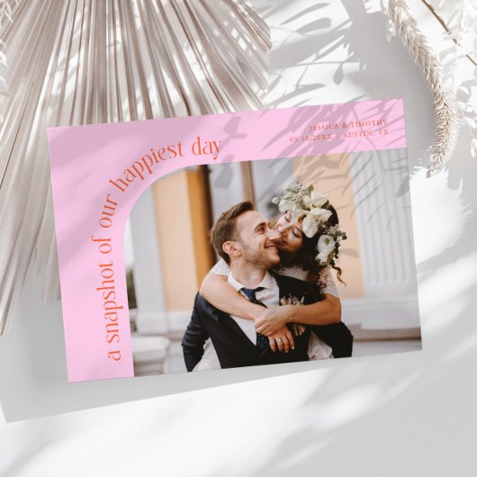 Snapshot Happiest Day Orange Pink Wedding Photo Dankeskarte