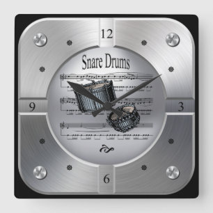 Snare Drums ~ Sheet Music ~ Brushed Silver Color ~ Quadratische Wanduhr