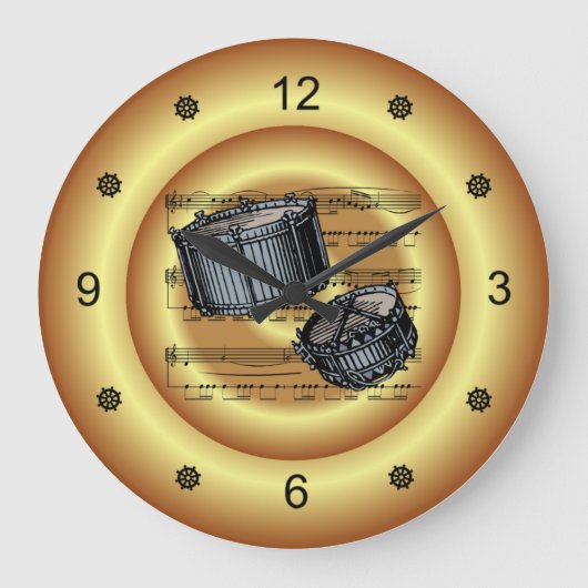 Snare Drums ~ Sheet Music ~ Gold Background ~ Große Wanduhr (Vorderseite)