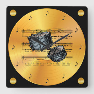 Snare Drums ~ Sheet Music ~ Gold Record ~ Quadratische Wanduhr