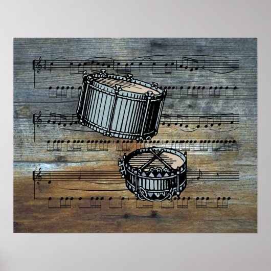 Snare Drums ~ Sheet Music on Barnwood Background Poster (Vorne)