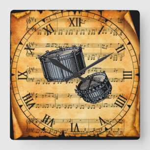 Snare Drums ~ Vintage Noten Hintergrund ~ Quadratische Wanduhr